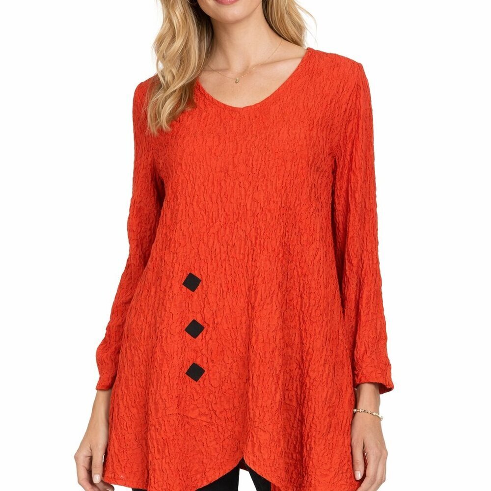 Ali Miles Textured Tunic Size Large Crinkle Red Pullover Diamond Shape Accents